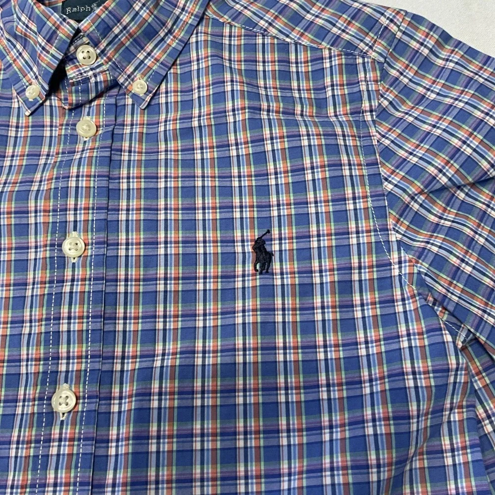 Ralph Lauren‎ Button Down Shirt Boys Medium 10-12 Blue Plaid Pony Short Sleeve
